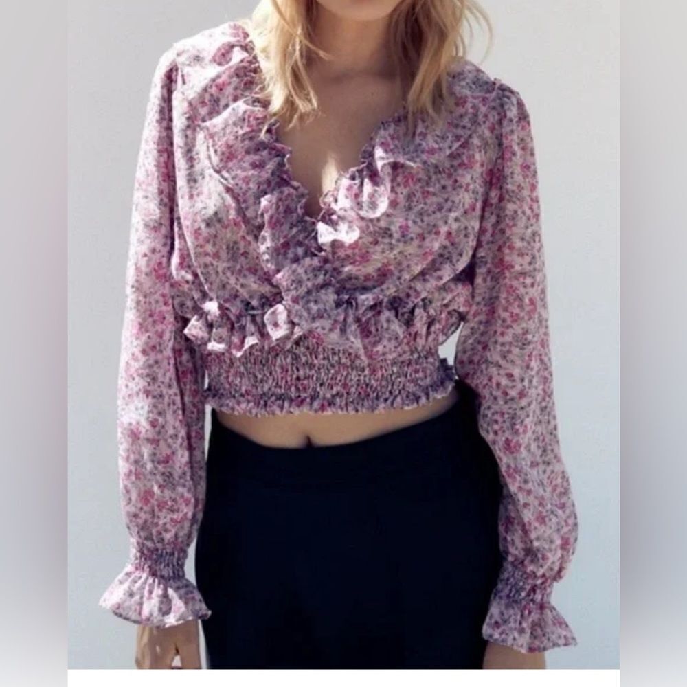 Zara pink floral silky semi-sheer chenille accent ruffle shirred elastic hem top